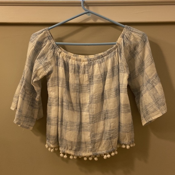 Abbeline Blue and White Checkered Off The Shoulder Top XS - Picture 4 of 13